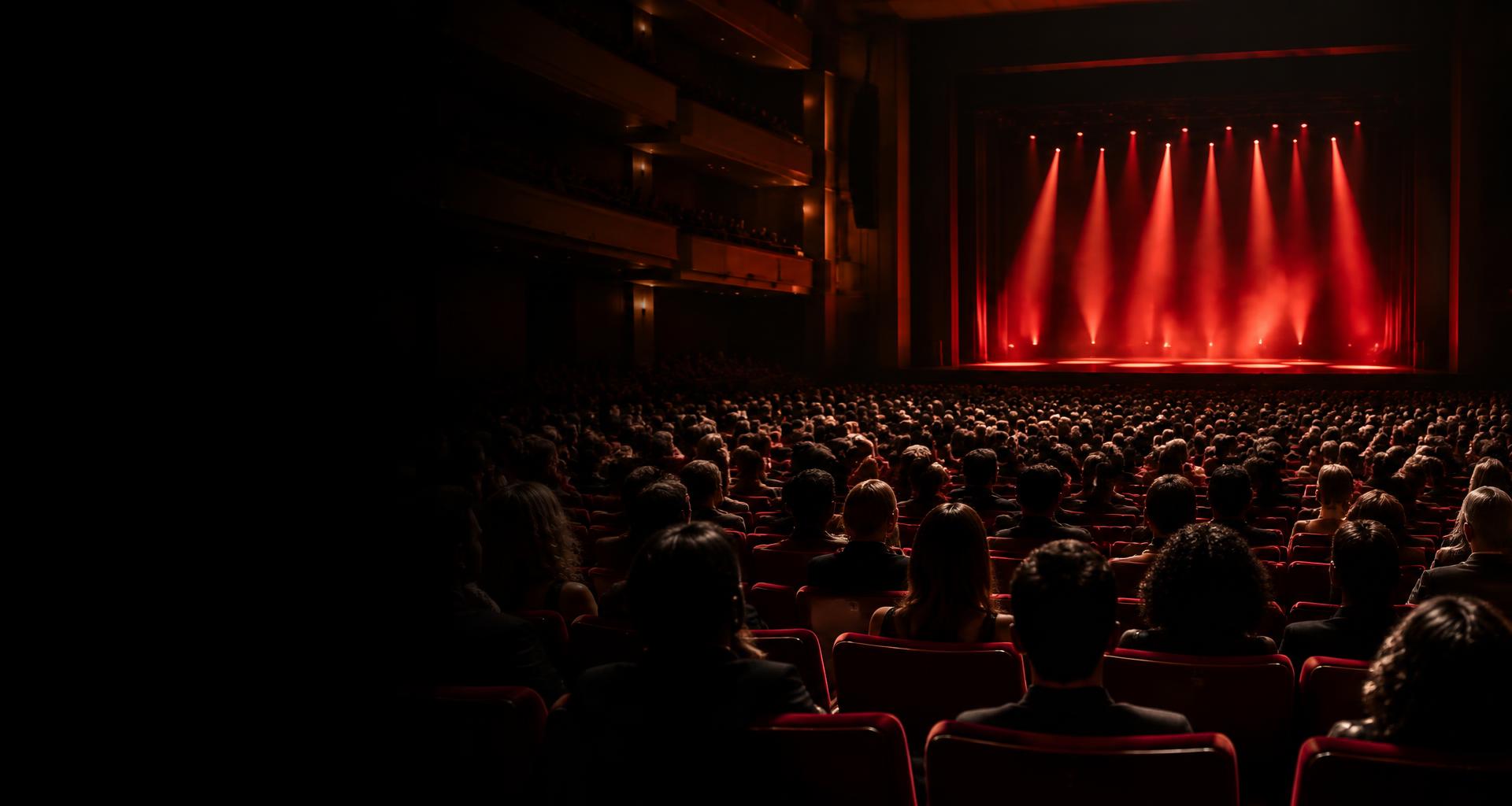 Plateia cheia em um teatro com iluminação vermelha no palco